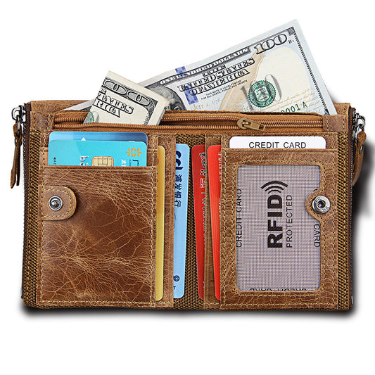 A296 Crazy Horse Leather Men's Wallet RFID-Protected Short-Style Men's Billfold with Dual Zippers and Coin Pocket
