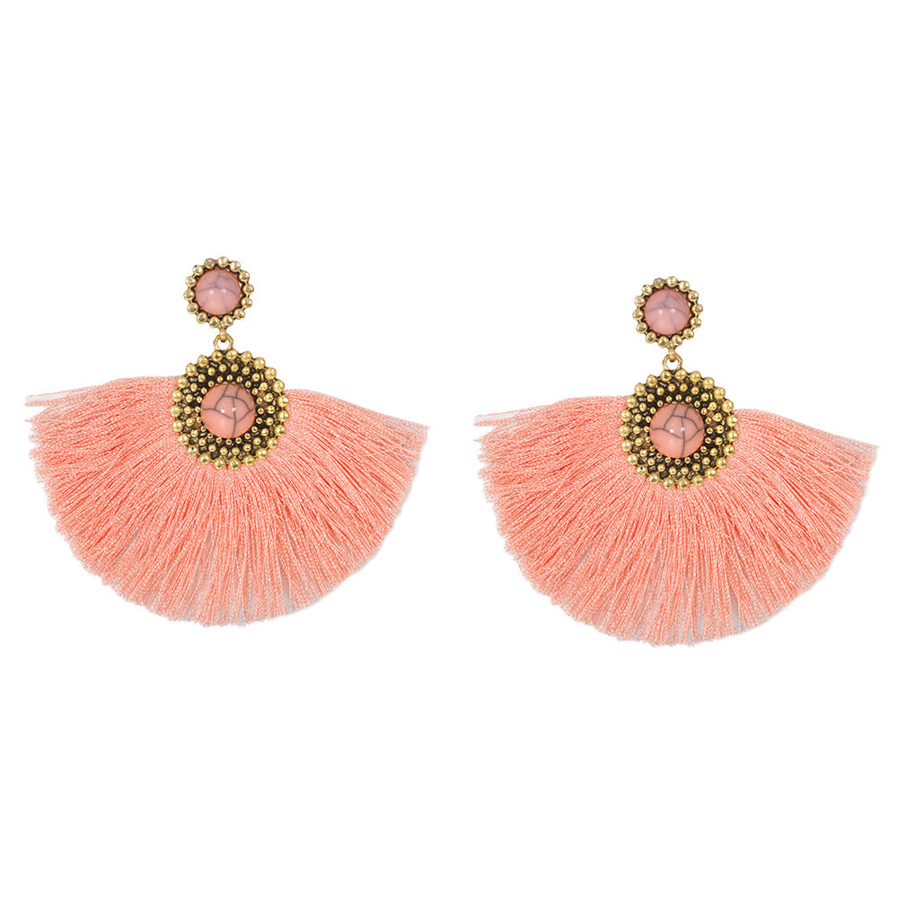 A151 Fashion Alloy Gem Inlaid Tassel Dangle Earrings, Ethnic Design Versatile Streetwear Earrings
