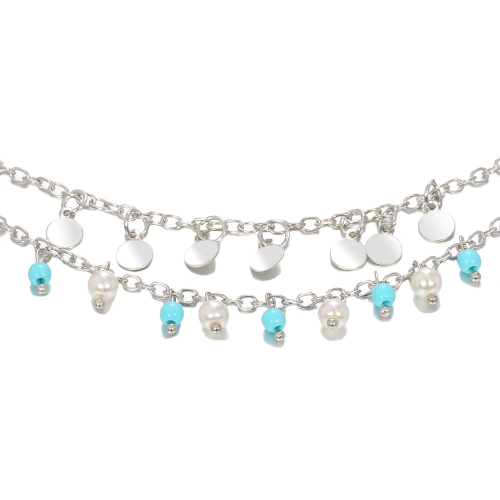 A149* New Fashionable Turquoise Pearl Round Pendant Double-Layer Ankle Chain