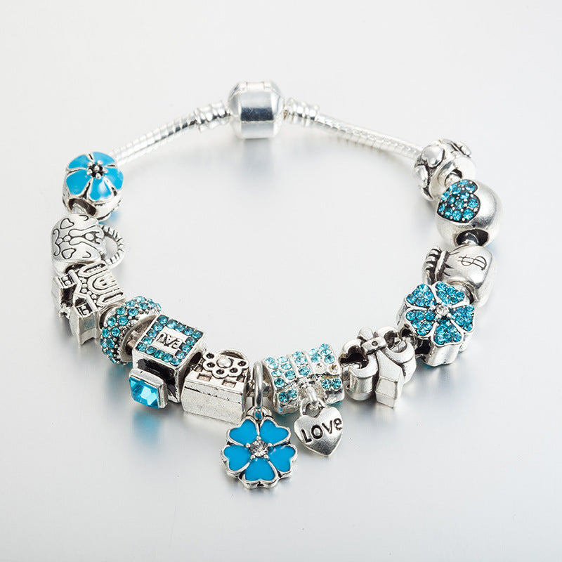 European Style Blue Crystal Charm Bracelet for Women, Silver Plated Snake Chain Bracelet with Flower Pendant & Love Dangle, Fashion Jewelry Gift for Birthday Christmas