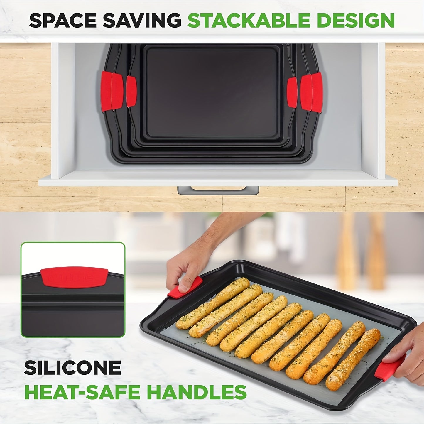A334 Heat Resistant Non-Stick Baking Tray with Red Silicone Handle, Rectangular Household Oven Bakeware for Cake Cookie Bread, Durable Easy Clean Kitchen Baking Pan Mold