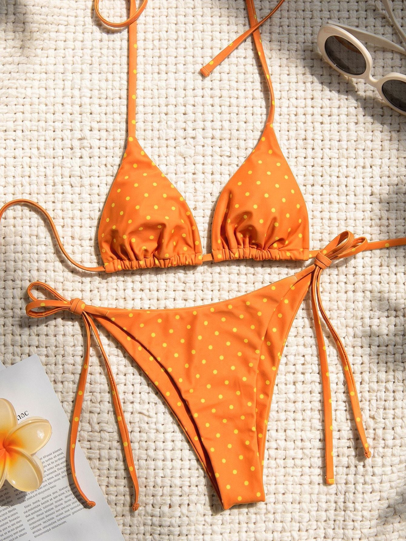 Beaded Halter Triangle Bikini Set, Textured Fabric Tie Side Two Piece Swimwear for Women