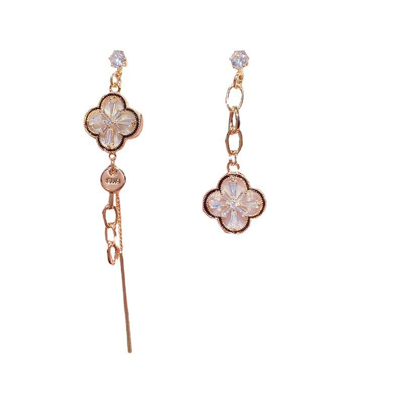 Elegant Asymmetric Four-Leaf Flower Long Tassel Earrings, Sterling Silver Pin