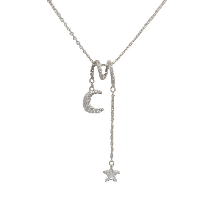 A157 Minimalist Micro Paved Zircon Moon Star Pendant Tassel Necklace, Light Luxury Shiny Clavicle Chain for Women