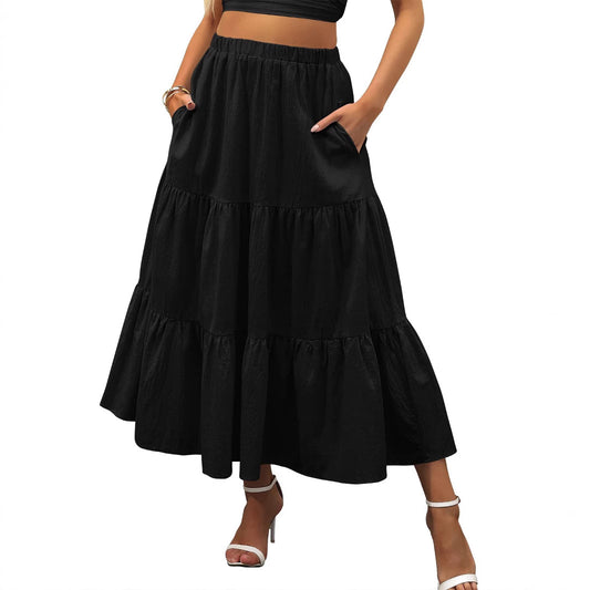 A367 Women's Summer Bohemian Pleated A-Line Flowy Layered Skirt with Pockets