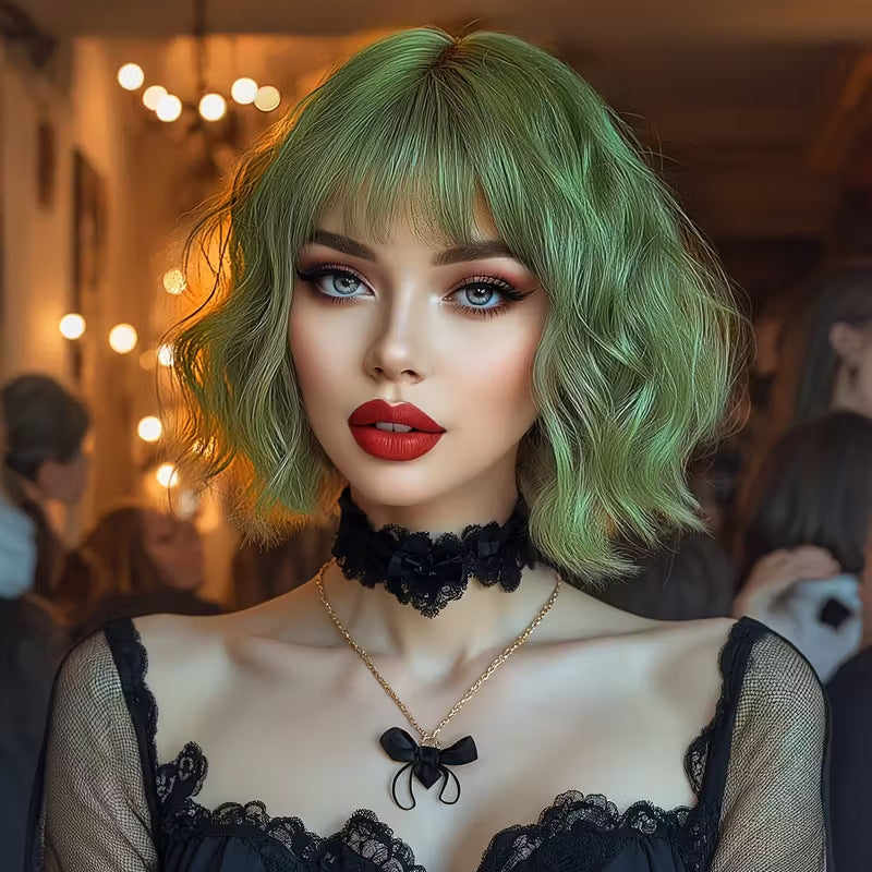 A329 Natural Looking Bob Wig with Air Bangs Short Wavy Hair for Daily Use