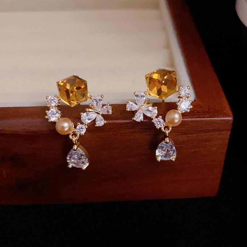 A156 Elegant Fashion Unique Design Diamond Inlaid Butterfly Water Drop Earrings, Exquisite Versatile High Grade Earrings for Women