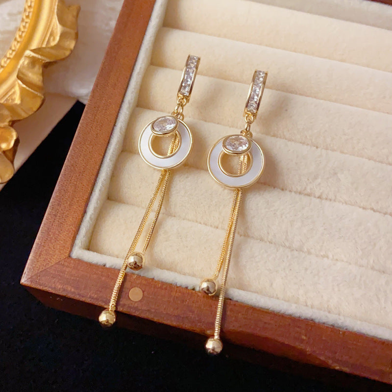 Fashion Statement Shell Circle Drop Earrings, Light Luxury Long Tassel Slimming Elegant Earrings