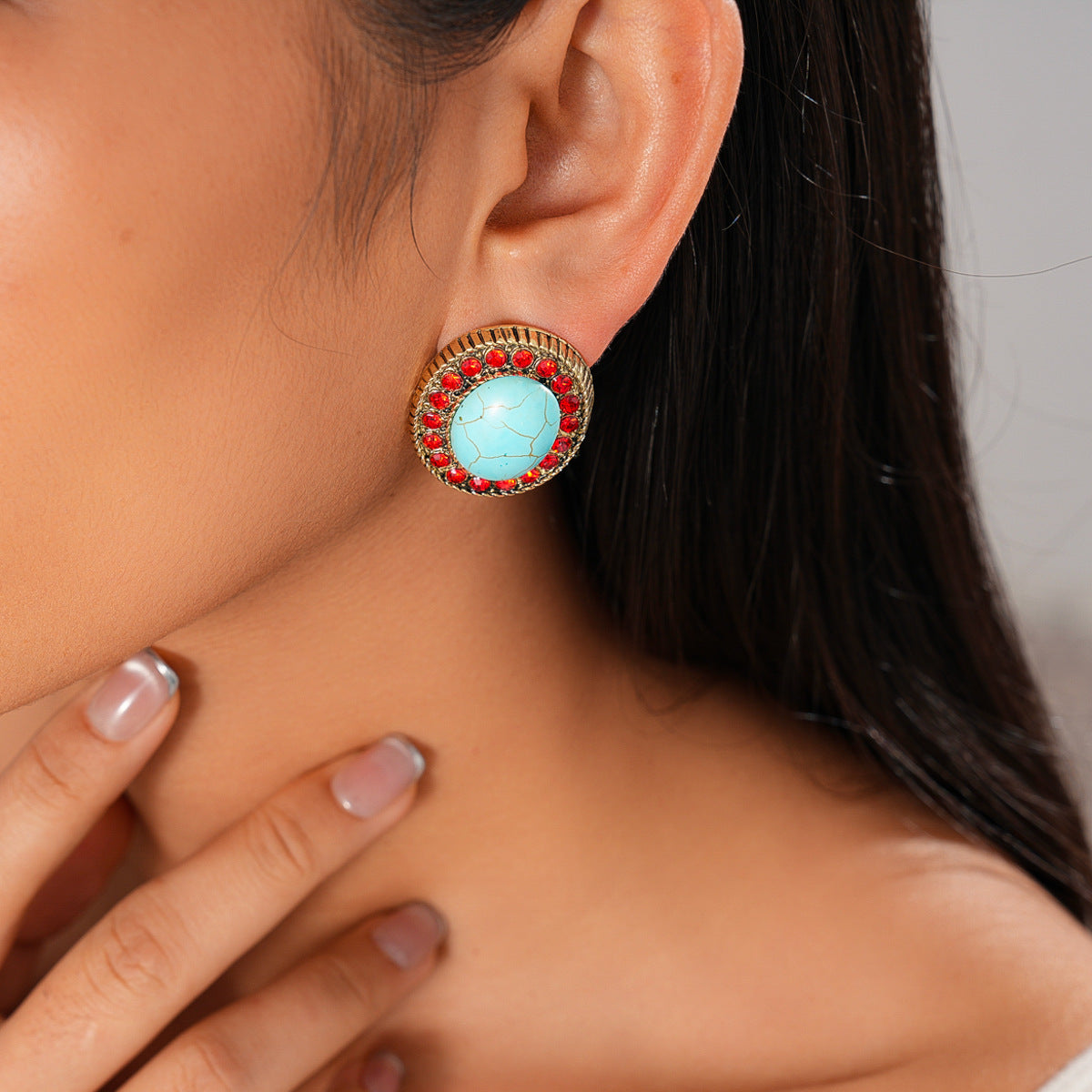 A193 Luxury High-Grade Ethnic Stone Rhinestone Necklace, Geometric Splicing Boho Vintage Sweater Chain