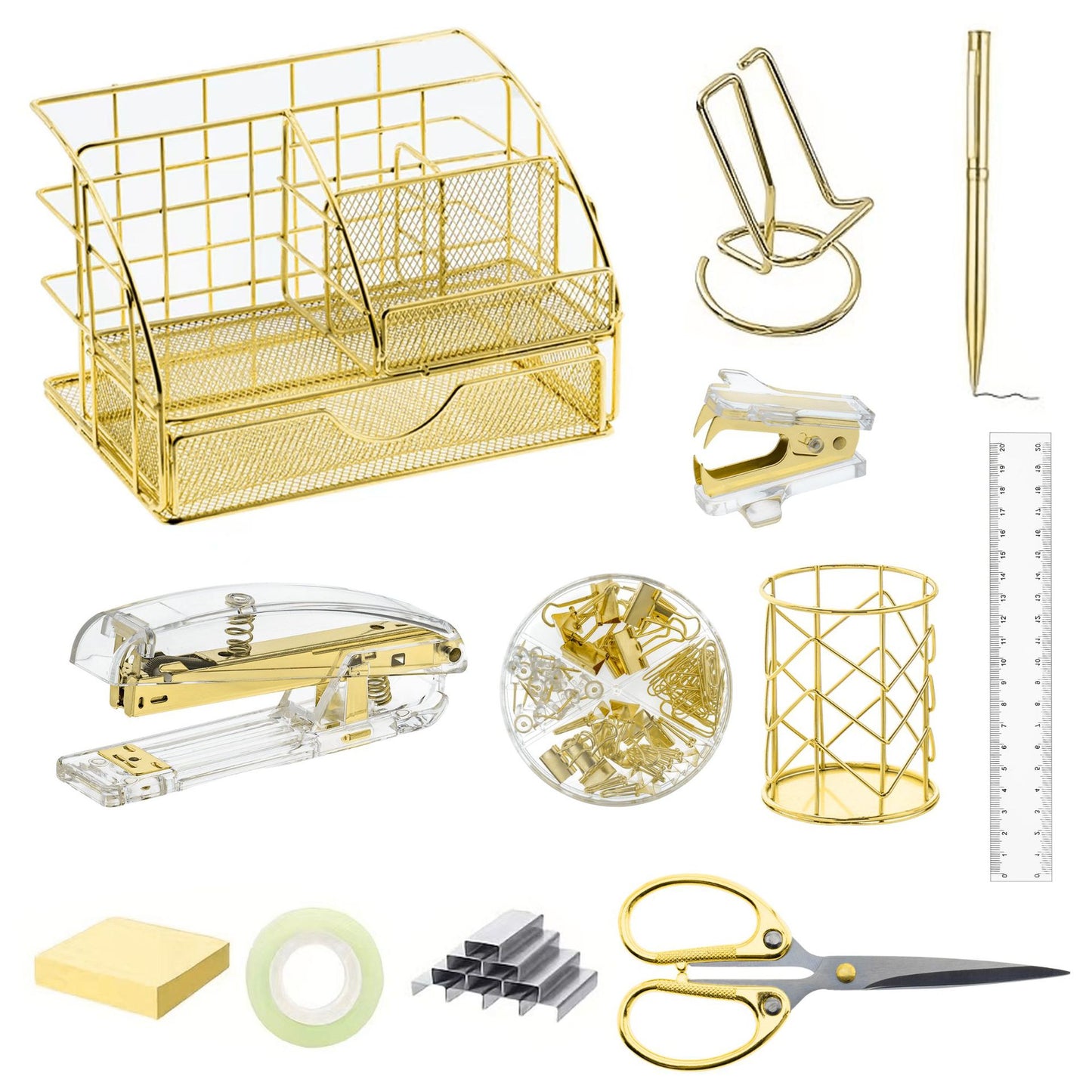 Rose Gold and Gold-Plated Office Desk Accessory Set, including an acrylic stapler set, staple remover, tape dispenser, 2 ballpoint pens, scissors, file folder, paper clips, staples, and storage box.