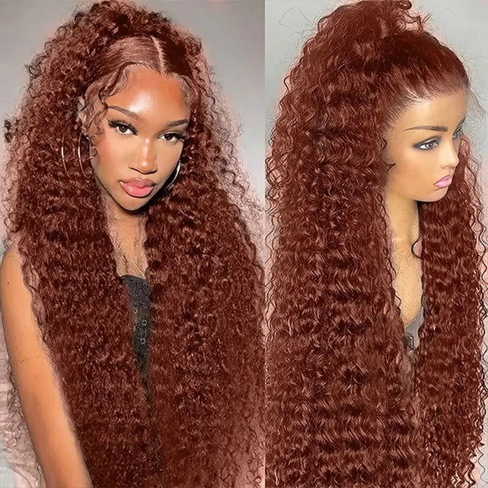 A222 Reddish Brown Water Wave Lace Front Wig, African Women Long Curly Heat Resistant Wig