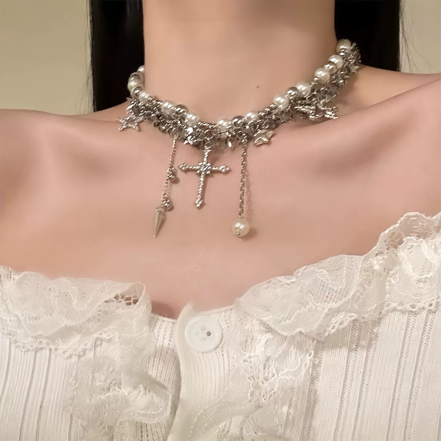 A286 Sweet Cool Pearl Cross Clavicle Necklace, French Luxury All-Match Choker for Women