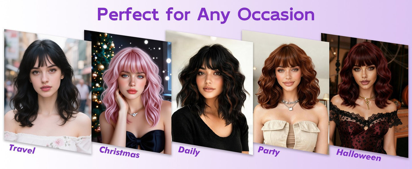 Natural Short Wavy Bob Synthetic Wig Heat Resistant Fiber Ladies Wig for Daily Parties