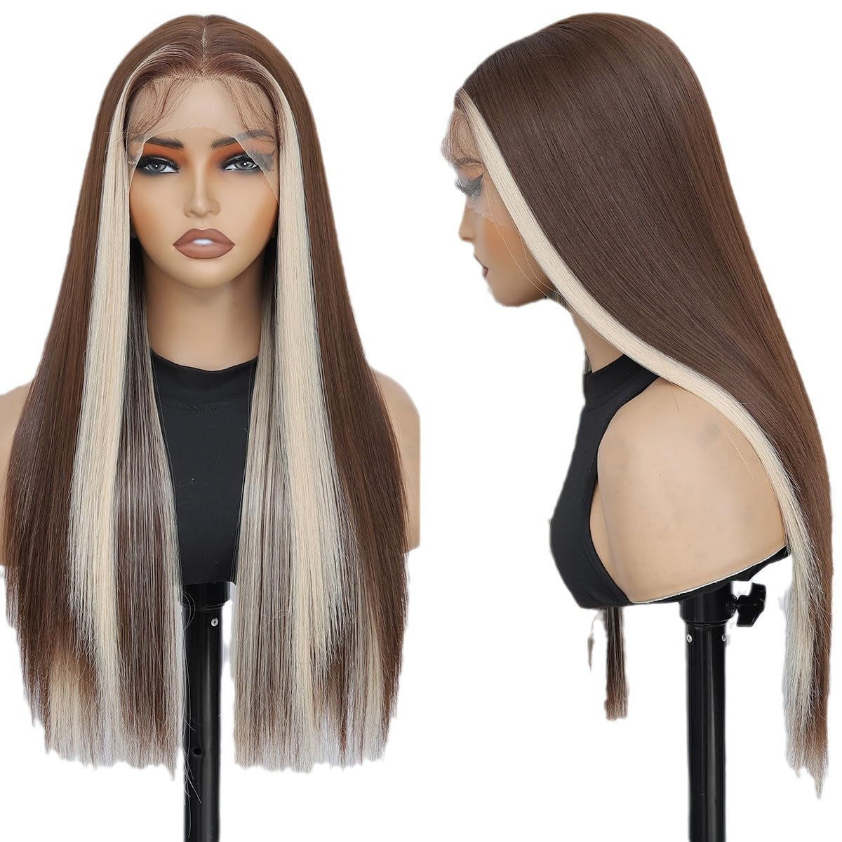 A225 Brown Blonde Highlight Middle Part Long Straight Wig, Lace Front Breathable Fashion Wig for Women