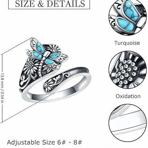A359 New Bohemian Turquoise Dragonfly Sunflower Ring Vintage Western Style Adjustable Wrap Band Women Gift Jewelry