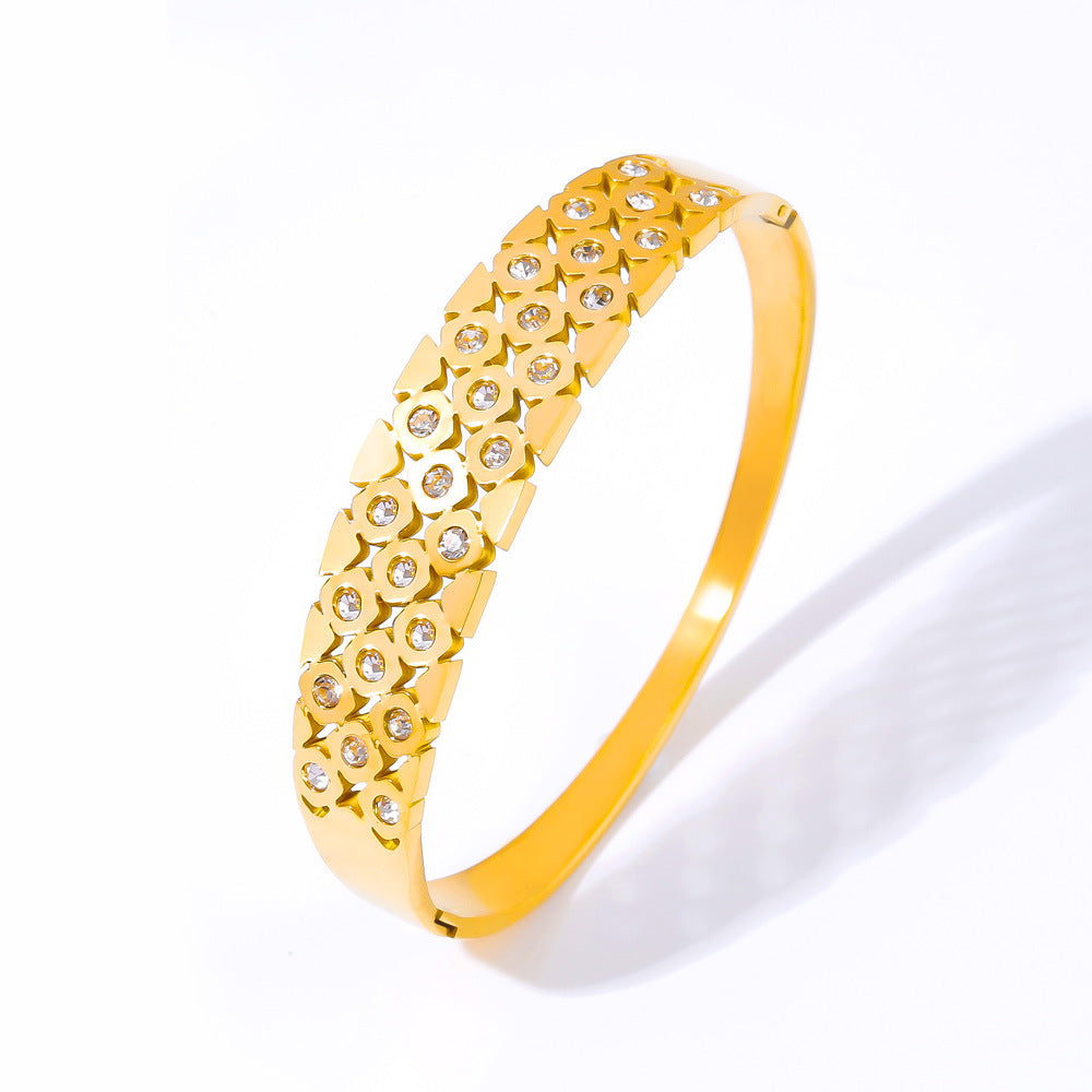 Chic Minimalist Geometric Hollow Bangle Titanium Steel Gold Plated Zircon Inlaid Elegant Fashion Jewelry Gift for Women