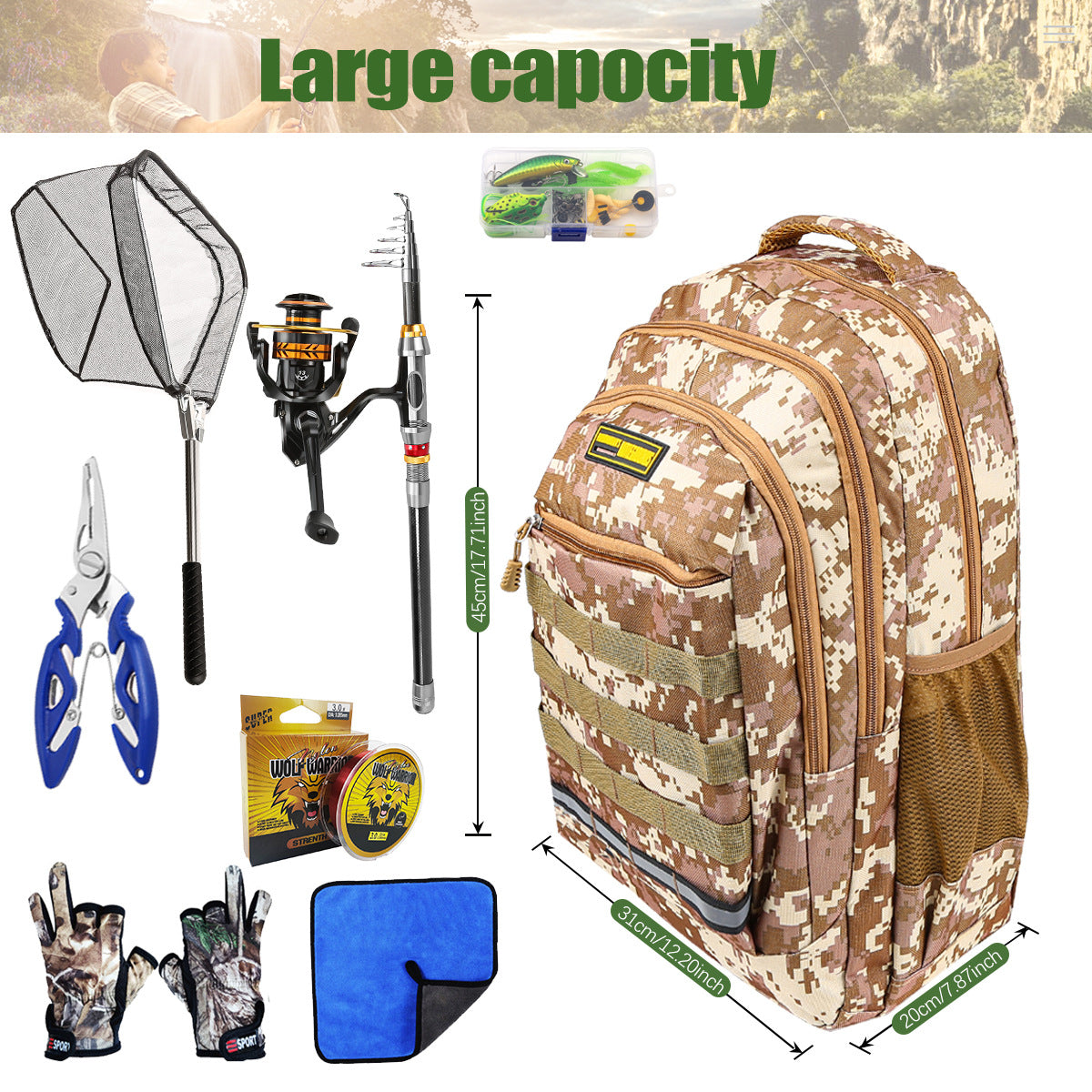 A172 Outdoor Fishing Backpack, Oxford Fabric Fishing Bag, Portable Bag for Fishing Rod and Reel