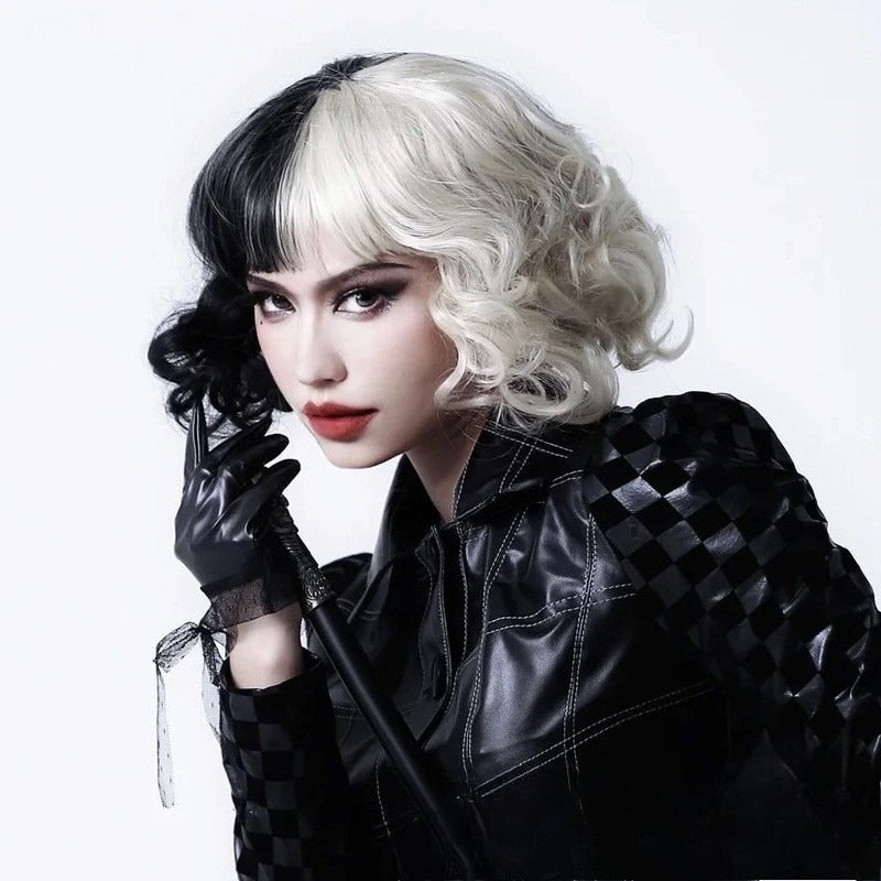 A343 Black and White Short Curly Wig with Bangs Synthetic Cosplay Wig for Cruella Costume Party Daily Use