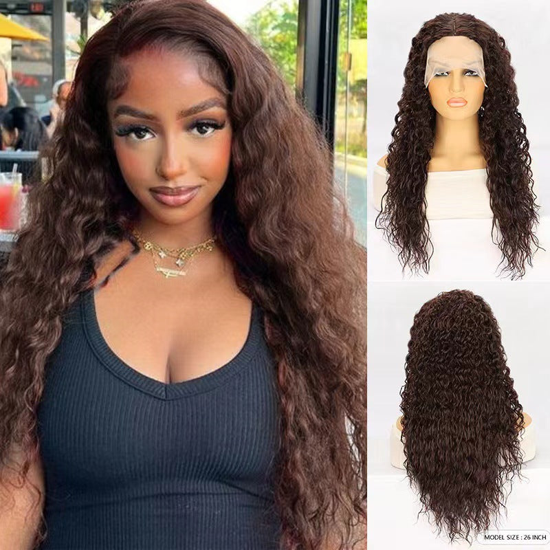 Brown Deep Curly Lace Front Half Wig, Long Water Wave Human Hair Half Wig for Women
