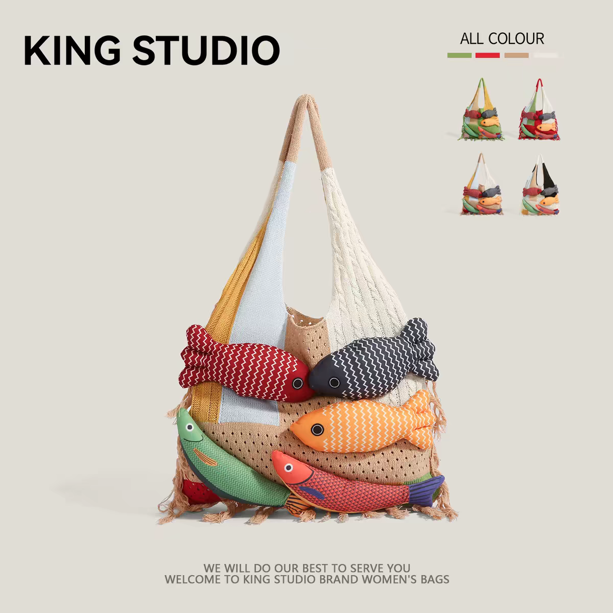 A375Cute 3D Colorful Fish Patchwork Knit Tote Bag, Boho Fringe Large Capacity Daily Shoulder Handbag