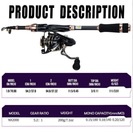 1.8M Carbon Telescopic Casting Fishing Rod and Reel Kit, Complete Saltwater Freshwater Fishing Tackle Package with Carry Case