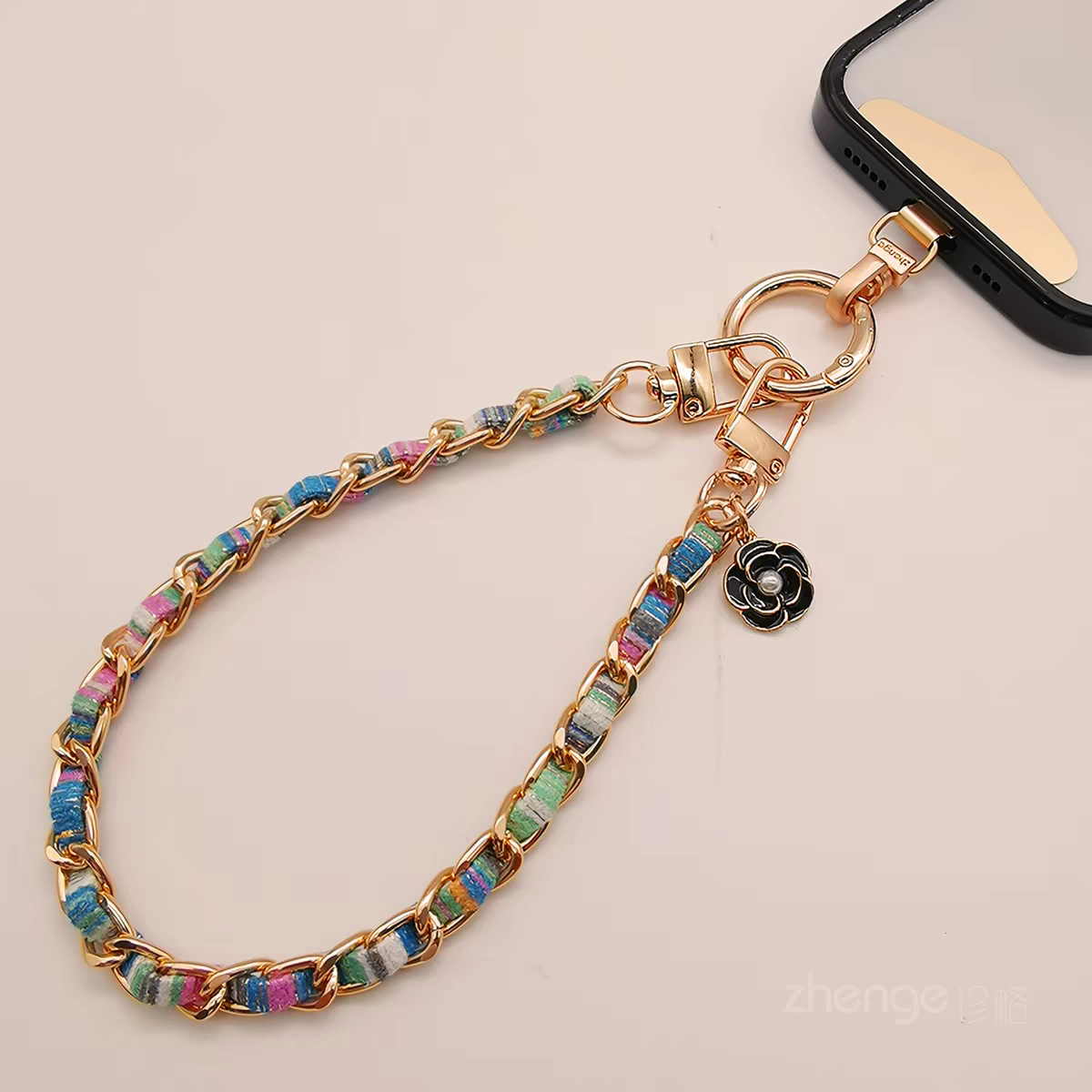2 Pack Random Style Camellia Metal Phone Wrist Strap, Ins Colorful Thread Braided Short Phone Chain Lanyard Charm for Cell Phone Case