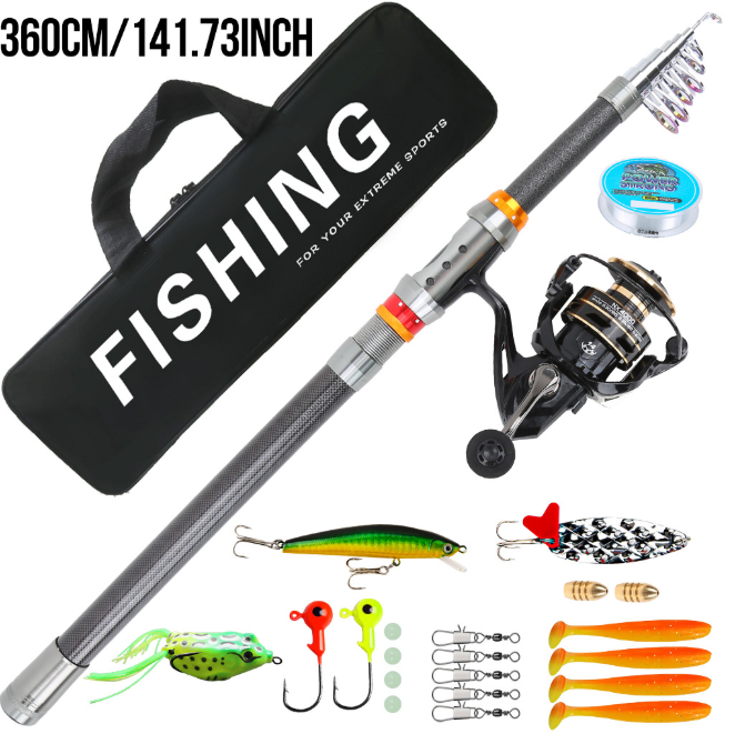 2.7M 3M 3.6M Telescopic Lure Fishing Rod Set, Complete Fishing Tackle Package with Spinning Reel Baits Hooks Carry Bag for Anglers