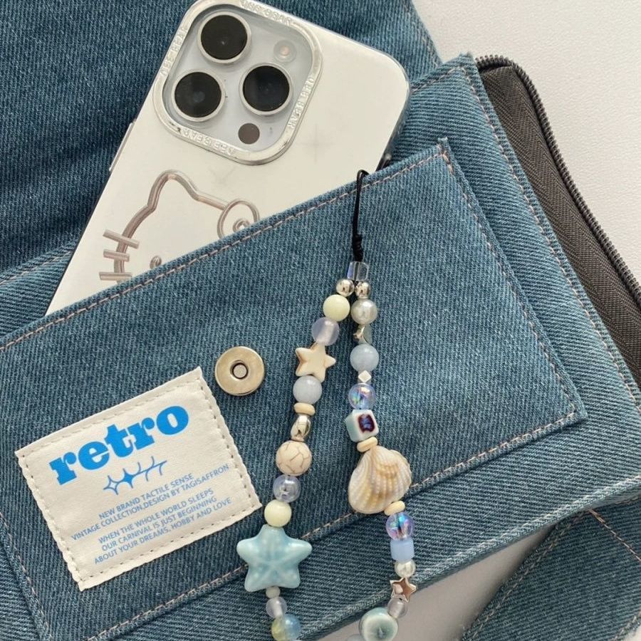Ocean Blue Starfish Shell Beaded Phone Charm, Aesthetic Handmade Cell Phone Strap Wrist Lanyard for Women