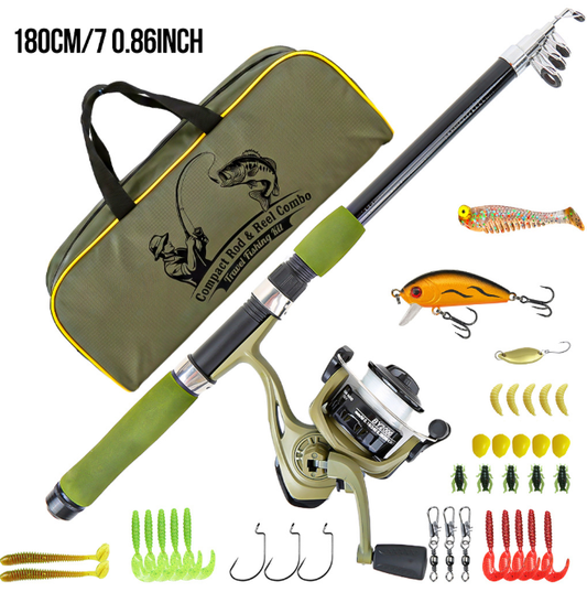 1.8M Army Green Portable Telescopic Sea Fishing Pole and Spinning Reel Full Kit, Fishing Tackle Set with Lures, Terminal Tackle & Carry Bag for Outdoor Fishing