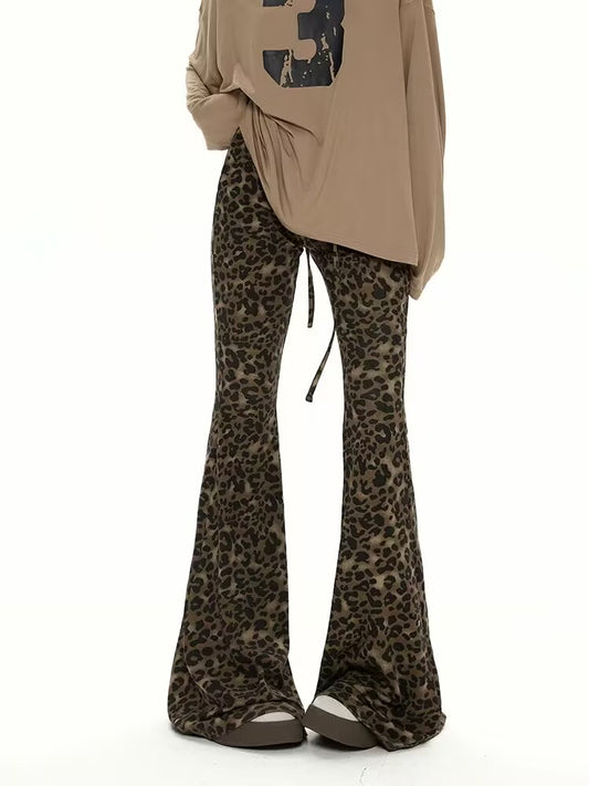 Autumn retro leopard print flare casual pants