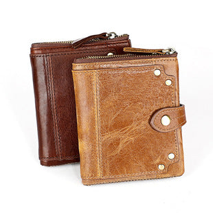 A296  Crazy Horse Leather Men's Wallet RFID-Protected Short-Style Men's Billfold with Dual Zippers and Coin Pocket
