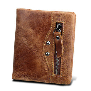 A296  Crazy Horse Leather Men's Wallet RFID-Protected Short-Style Men's Billfold with Dual Zippers and Coin Pocket