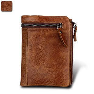 A296  Crazy Horse Leather Men's Wallet RFID-Protected Short-Style Men's Billfold with Dual Zippers and Coin Pocket