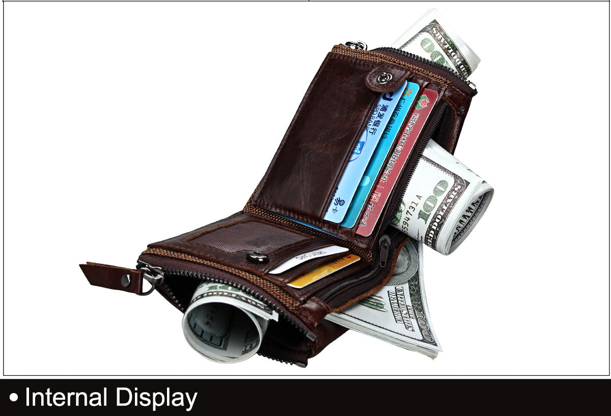 A296  Crazy Horse Leather Men's Wallet RFID-Protected Short-Style Men's Billfold with Dual Zippers and Coin Pocket