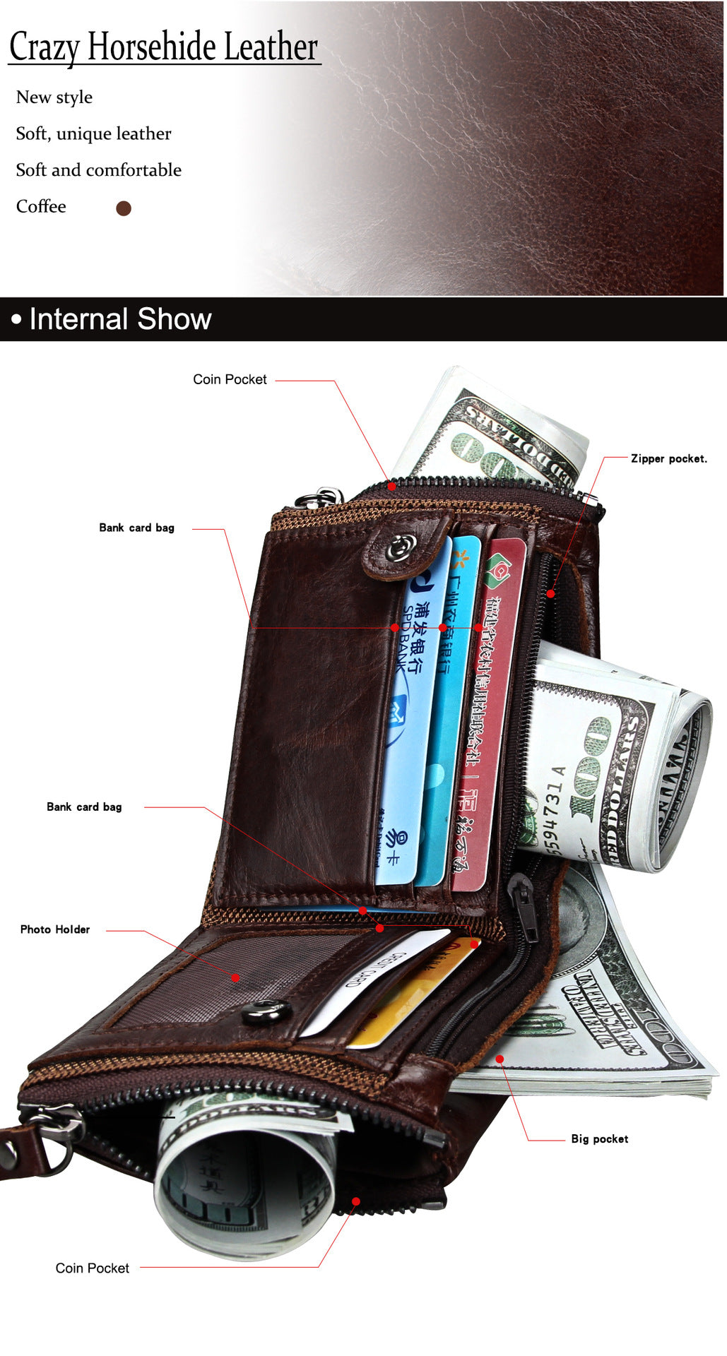 A296  Crazy Horse Leather Men's Wallet RFID-Protected Short-Style Men's Billfold with Dual Zippers and Coin Pocket