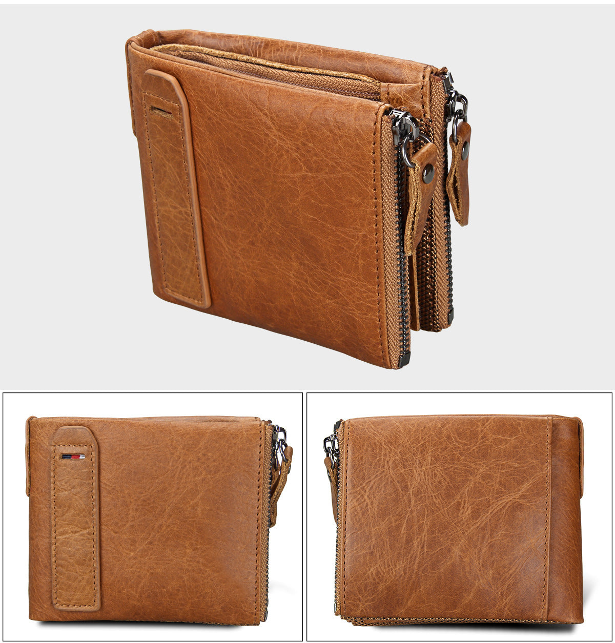 A296  Crazy Horse Leather Men's Wallet RFID-Protected Short-Style Men's Billfold with Dual Zippers and Coin Pocket
