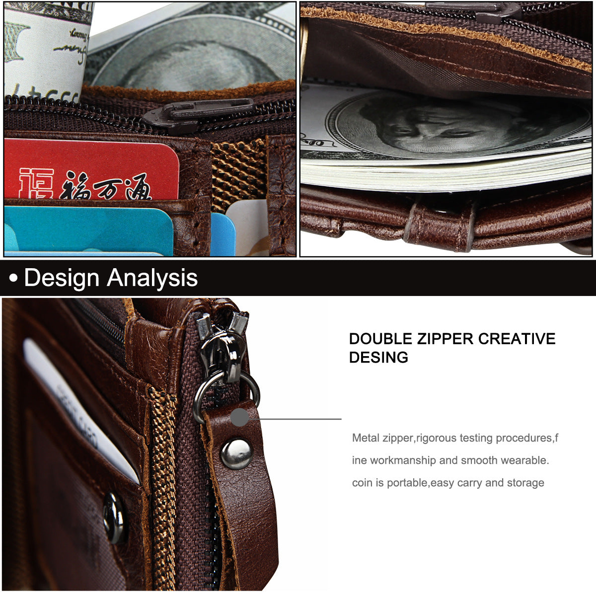 A296  Crazy Horse Leather Men's Wallet RFID-Protected Short-Style Men's Billfold with Dual Zippers and Coin Pocket