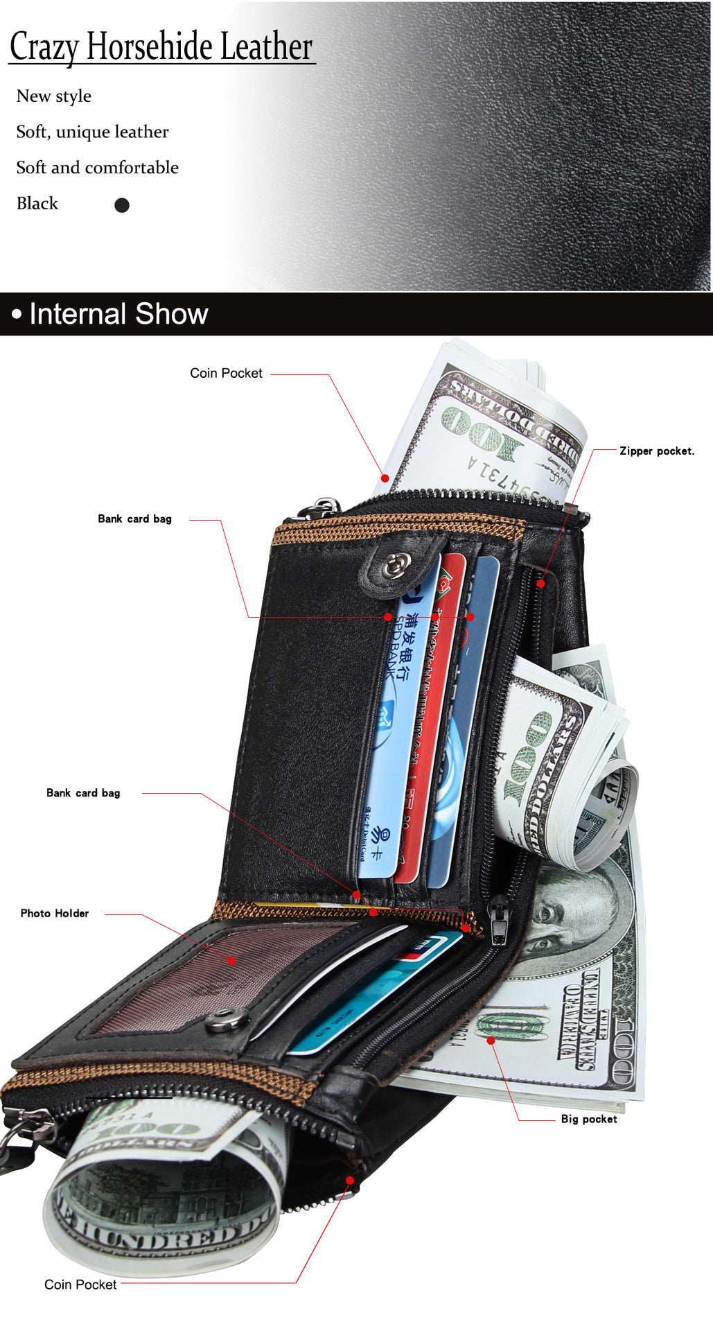 A296  Crazy Horse Leather Men's Wallet RFID-Protected Short-Style Men's Billfold with Dual Zippers and Coin Pocket