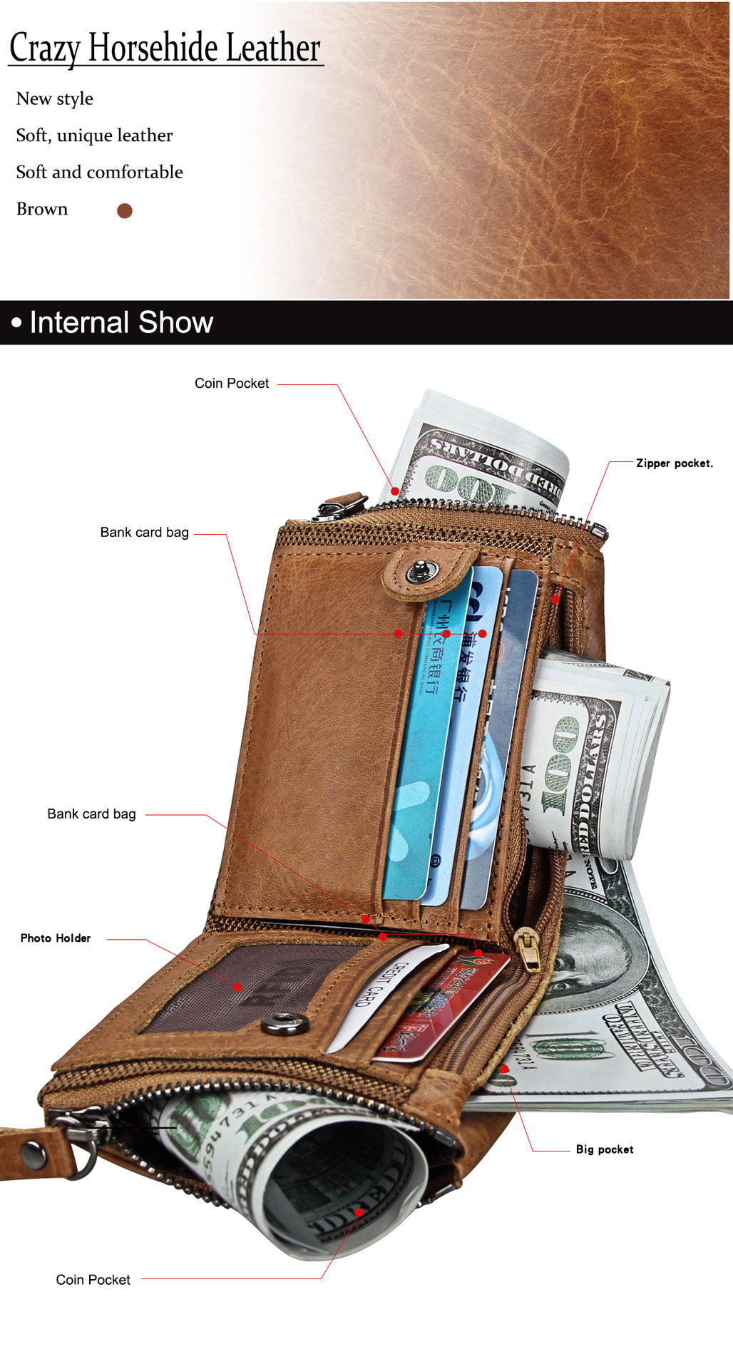 A296  Crazy Horse Leather Men's Wallet RFID-Protected Short-Style Men's Billfold with Dual Zippers and Coin Pocket