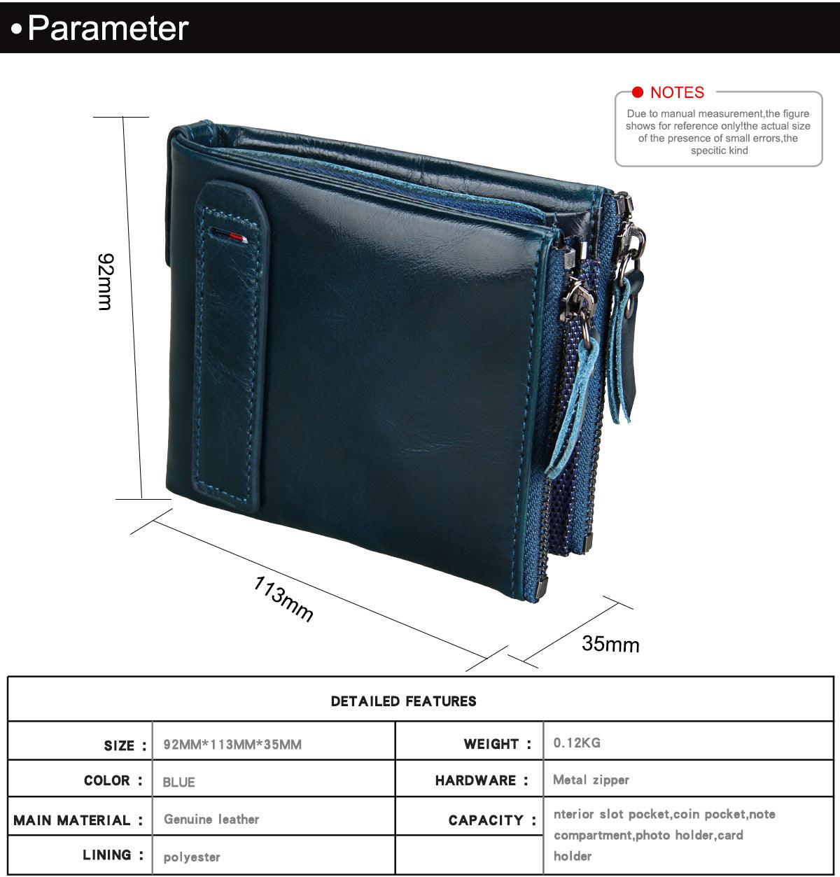 A296  Crazy Horse Leather Men's Wallet RFID-Protected Short-Style Men's Billfold with Dual Zippers and Coin Pocket