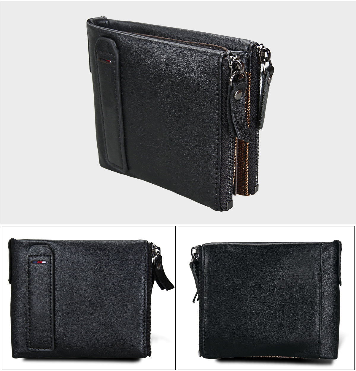 A296  Crazy Horse Leather Men's Wallet RFID-Protected Short-Style Men's Billfold with Dual Zippers and Coin Pocket