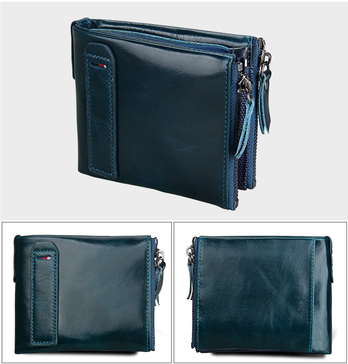 A296  Crazy Horse Leather Men's Wallet RFID-Protected Short-Style Men's Billfold with Dual Zippers and Coin Pocket