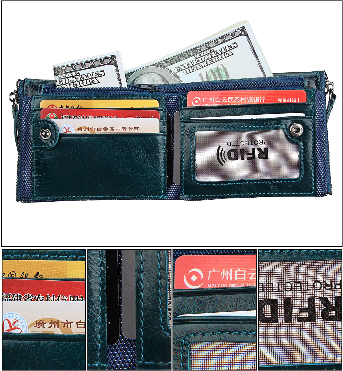A296  Crazy Horse Leather Men's Wallet RFID-Protected Short-Style Men's Billfold with Dual Zippers and Coin Pocket