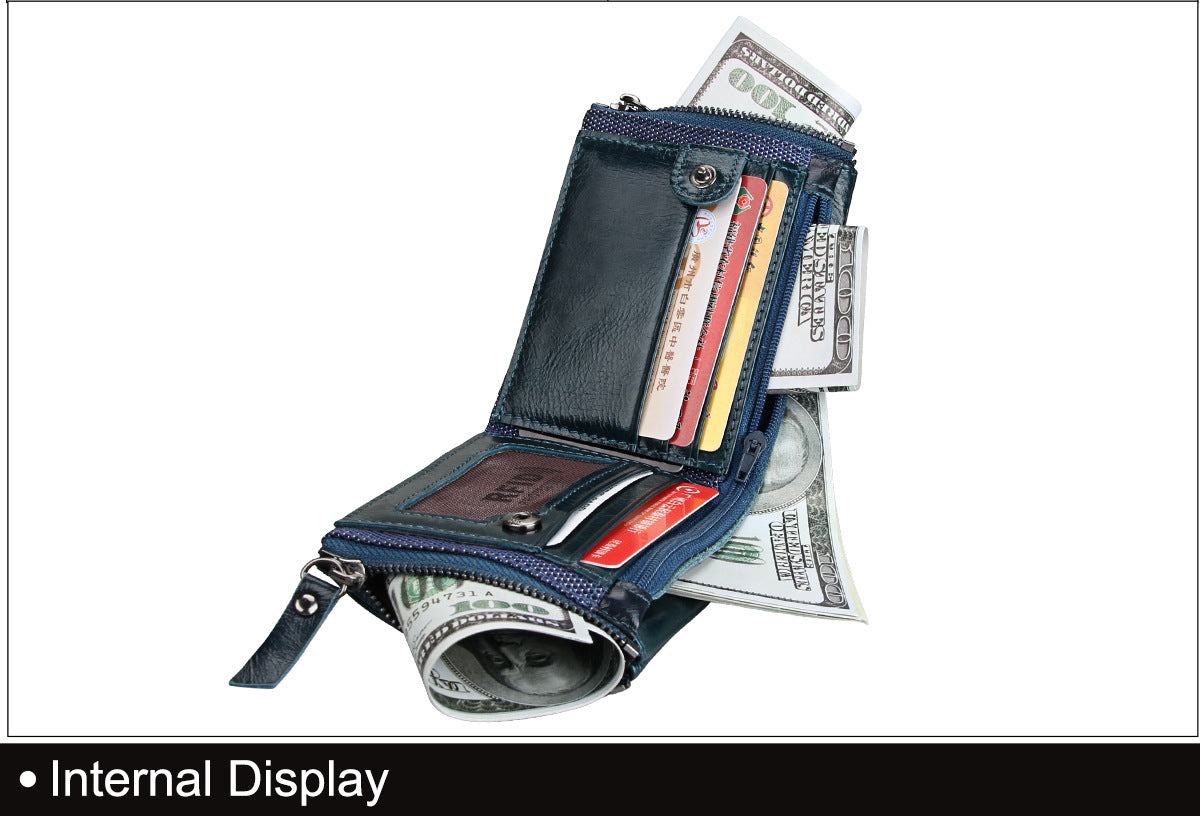 A296  Crazy Horse Leather Men's Wallet RFID-Protected Short-Style Men's Billfold with Dual Zippers and Coin Pocket