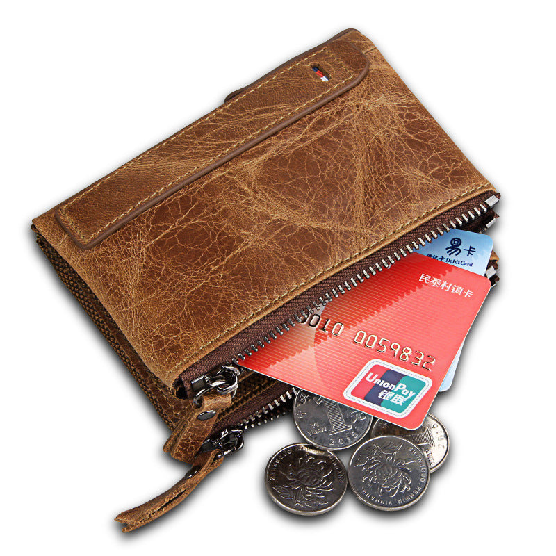 A296  Crazy Horse Leather Men's Wallet RFID-Protected Short-Style Men's Billfold with Dual Zippers and Coin Pocket
