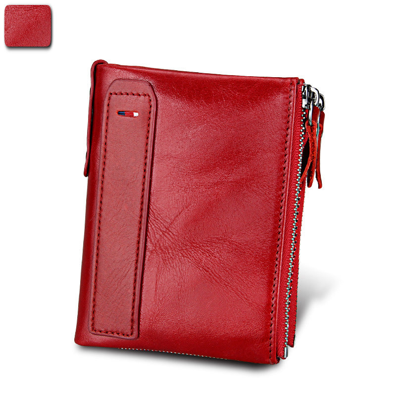 A296  Crazy Horse Leather Men's Wallet RFID-Protected Short-Style Men's Billfold with Dual Zippers and Coin Pocket