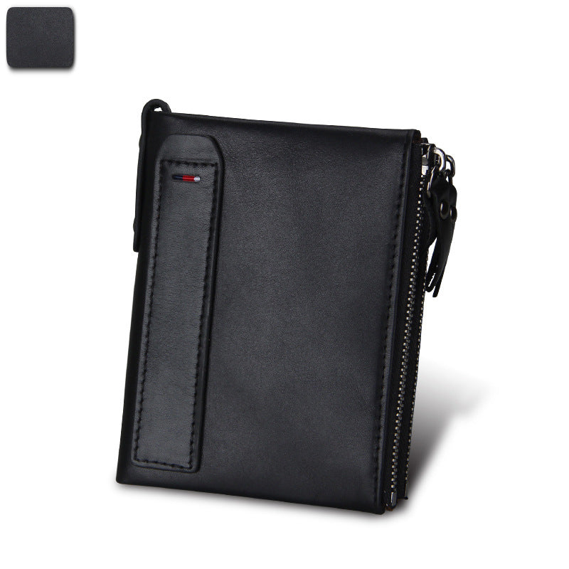 A296  Crazy Horse Leather Men's Wallet RFID-Protected Short-Style Men's Billfold with Dual Zippers and Coin Pocket