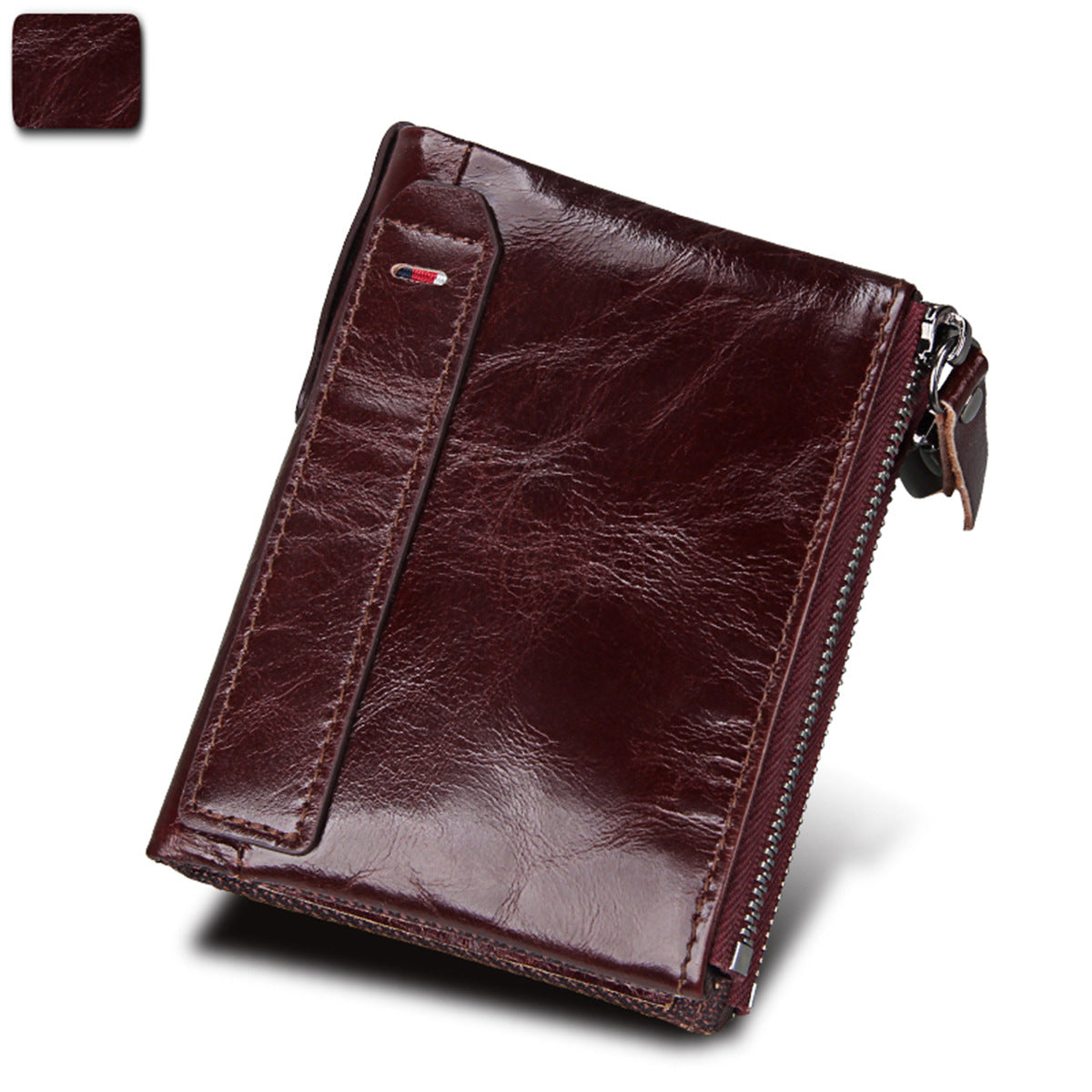 A296  Crazy Horse Leather Men's Wallet RFID-Protected Short-Style Men's Billfold with Dual Zippers and Coin Pocket