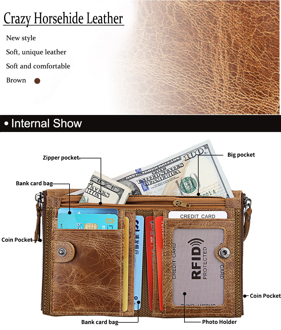 A296  Crazy Horse Leather Men's Wallet RFID-Protected Short-Style Men's Billfold with Dual Zippers and Coin Pocket