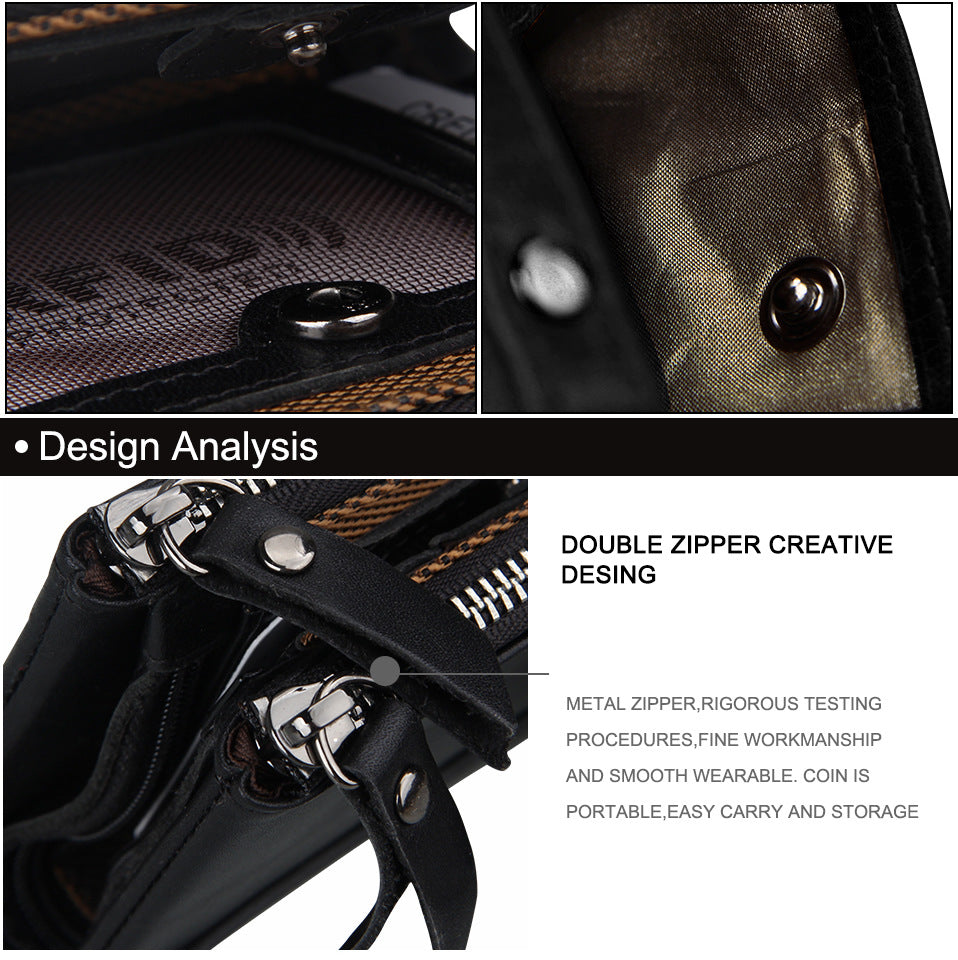 A296  Crazy Horse Leather Men's Wallet RFID-Protected Short-Style Men's Billfold with Dual Zippers and Coin Pocket